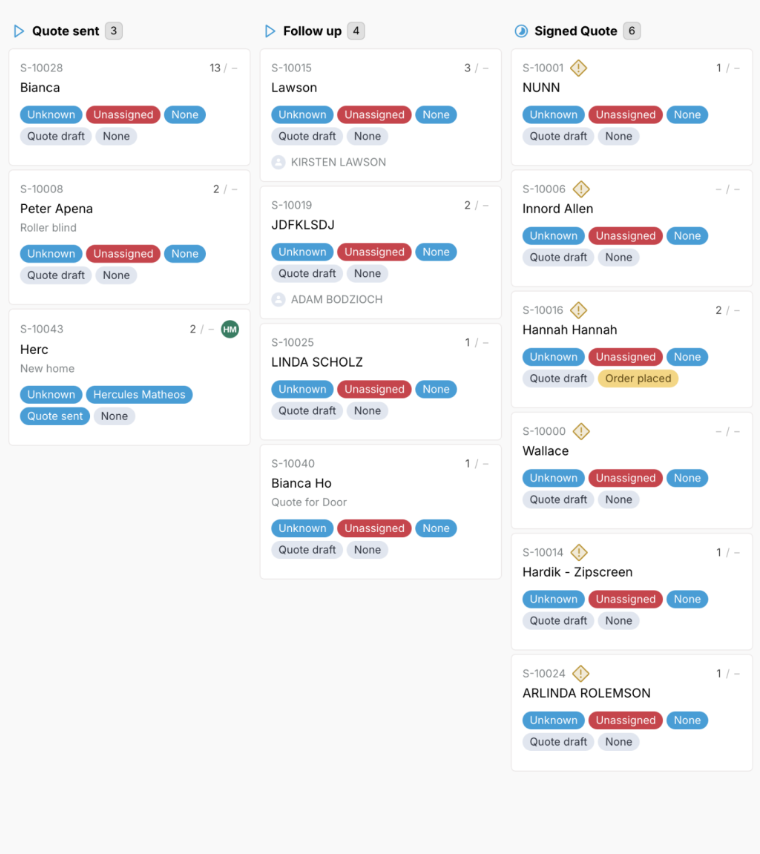 The real Quoterite app: three columns of the sales pipeline board, with quotations moving from quote sent through follow-up to signed quote